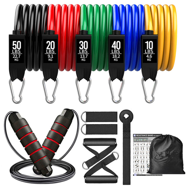 Resistance band set including jump rope and exercise handles